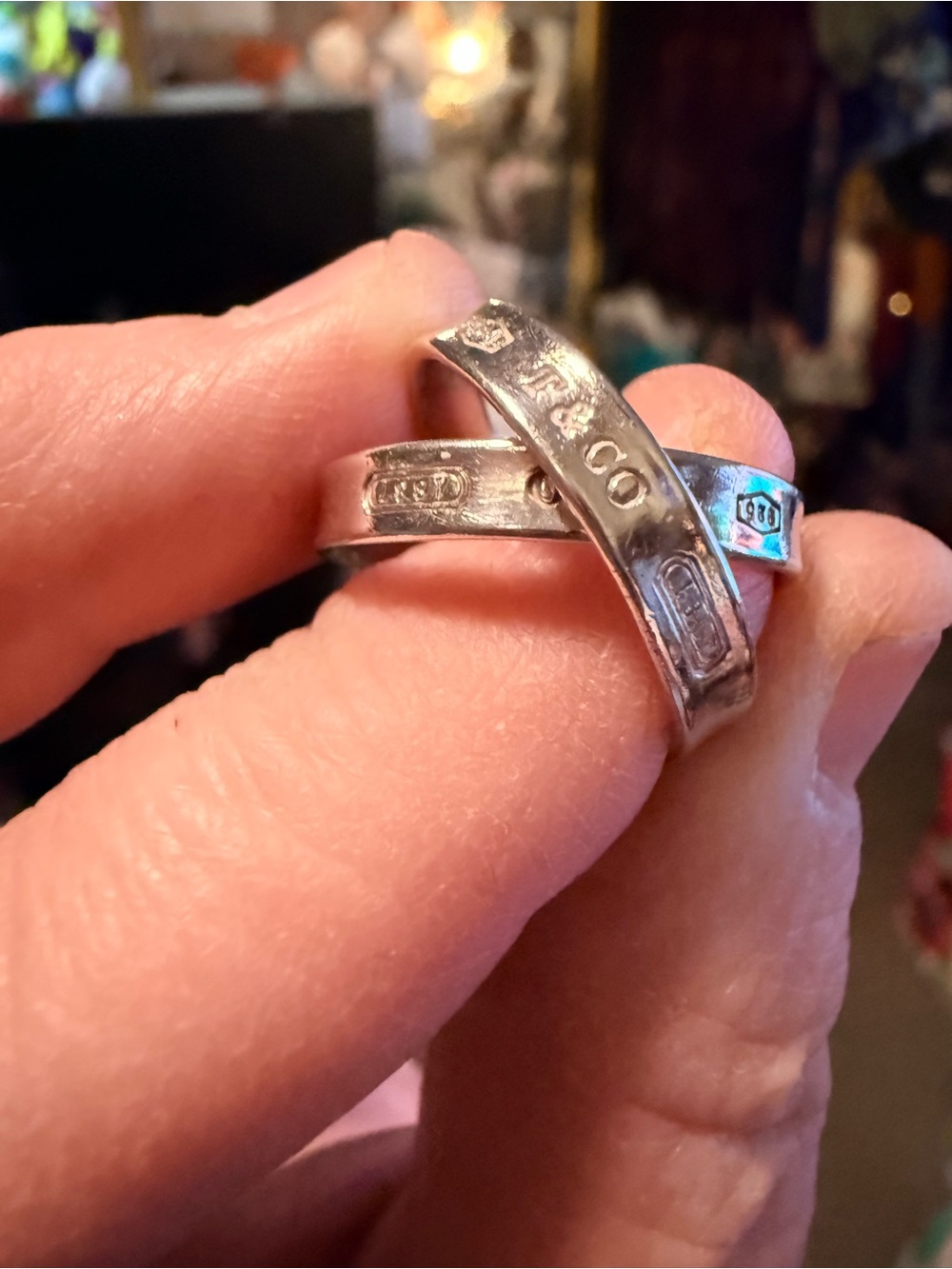 Tiffany and Co, Stamped Silver Spoon Ring - Crossed Spoon Handles - Silver Tone